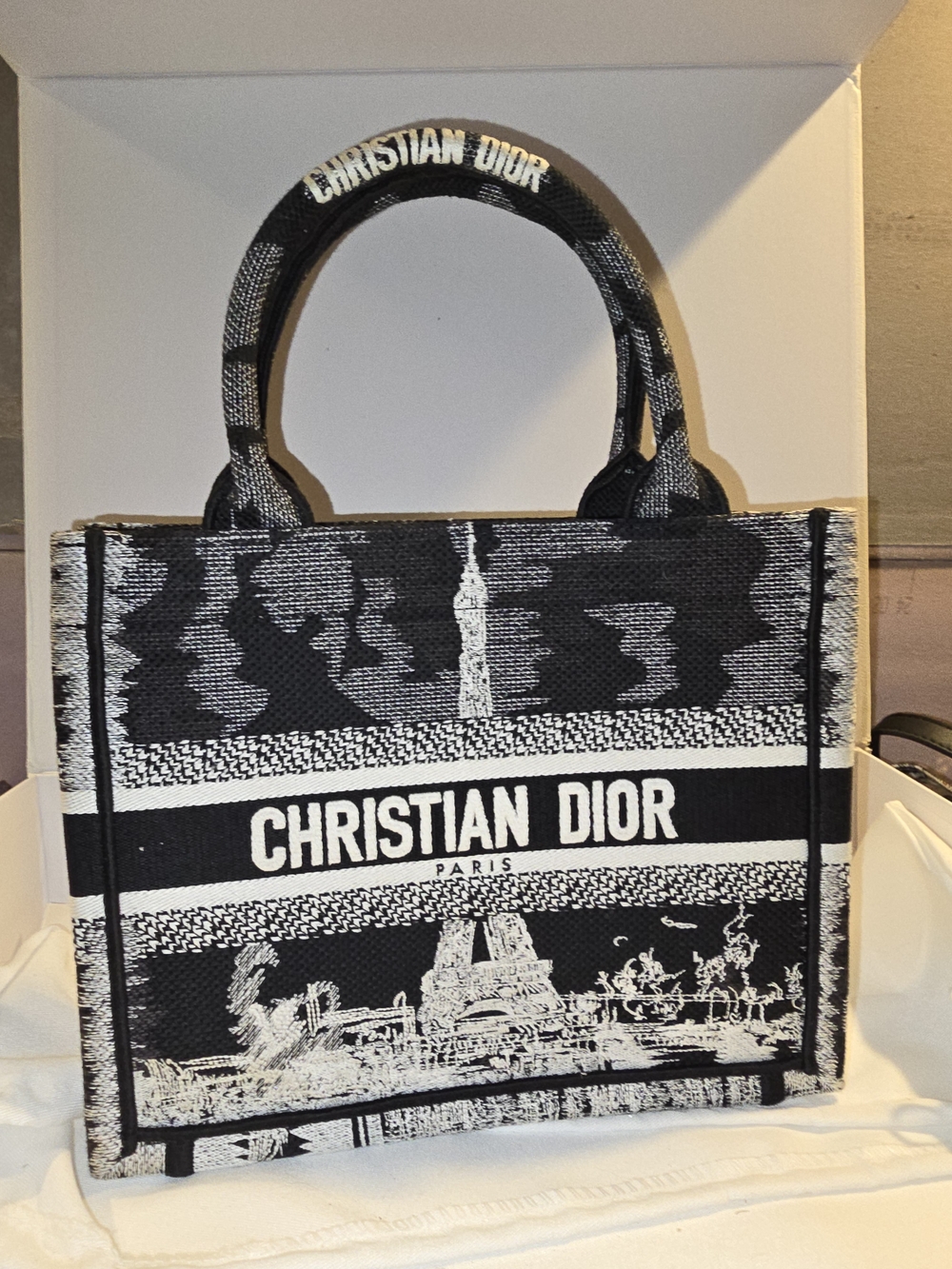 Black & White Canvas Tote with Toile Motif